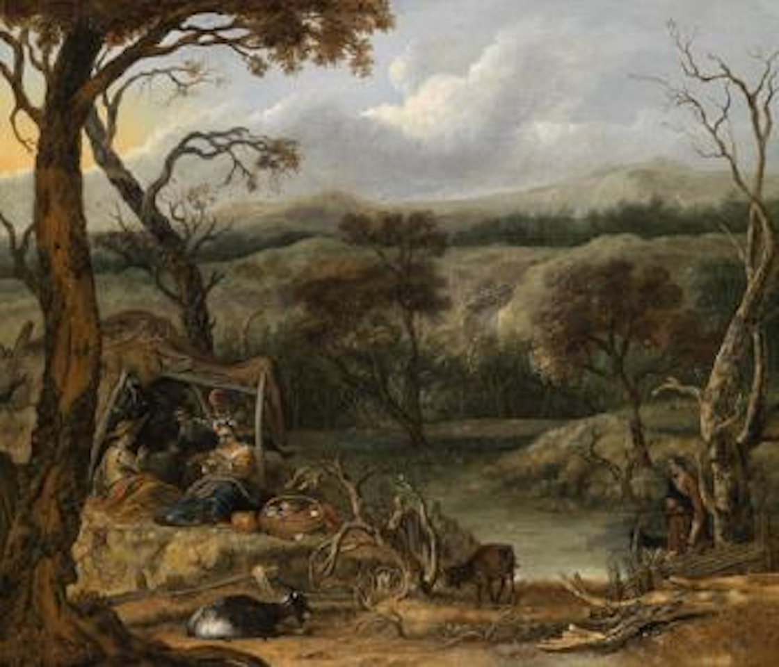 Hilly landscape with shepherds making music before a hut by Attributed to Rembrandt Harmensz van Rijn