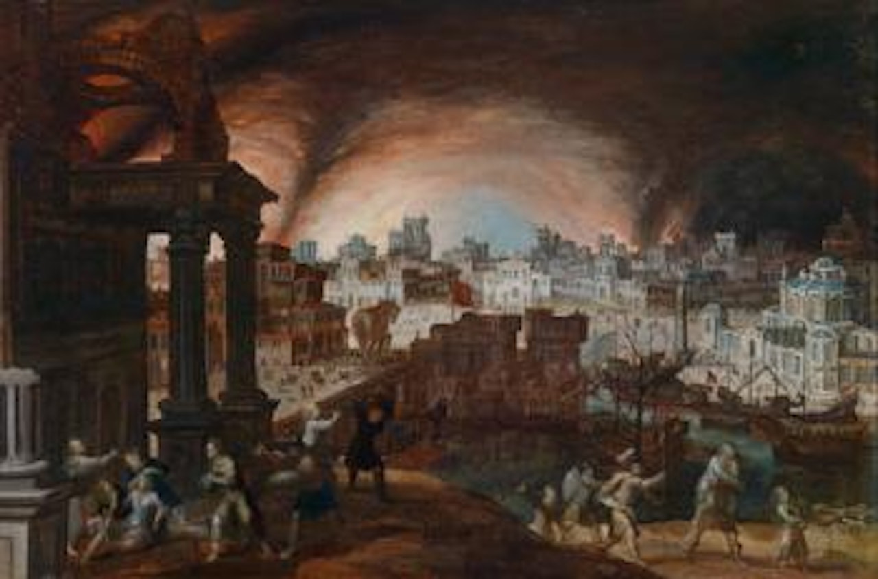 Aeneas carrying his father, Anchises away from burning Troy by Hendrick van Cleve