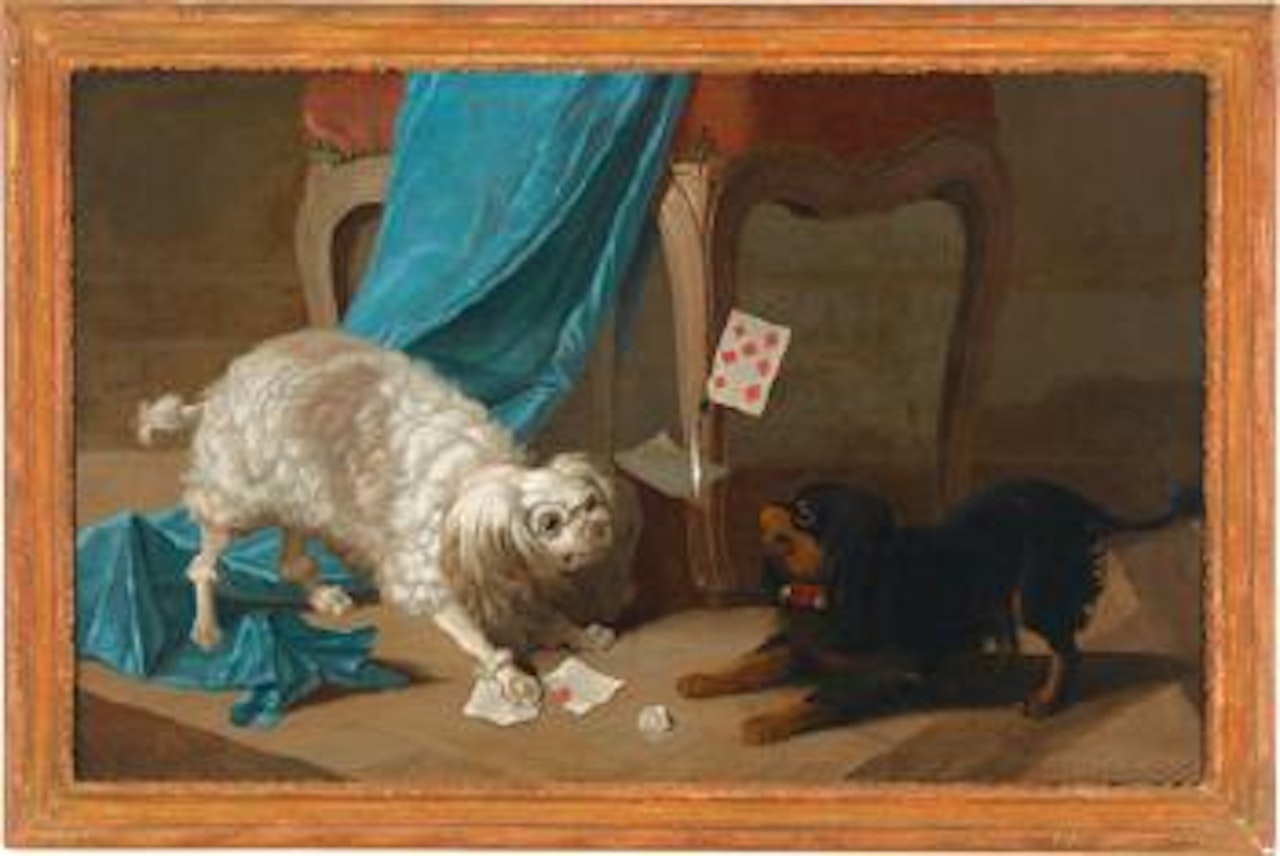 Two brawling dogs under a tabouret surrounded by playing cards by Jean Jacques Bachelier