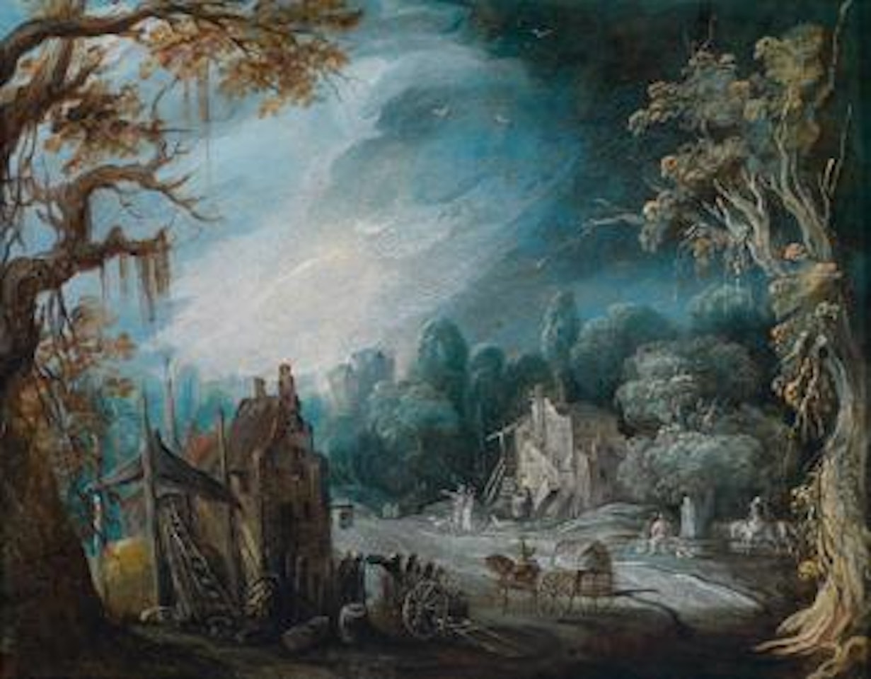 Fantastic landscape with huts and a horse and cart by Paul Bril