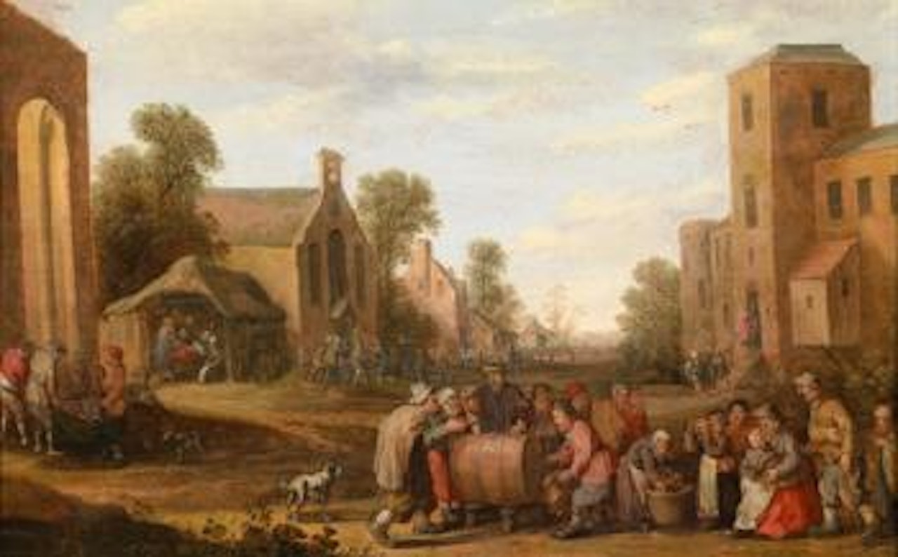A cheerful village scene with peasants drinking by Joost Cornelisz Droochsloot