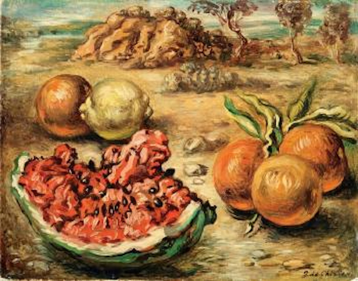 Vita silente di frutta in un paese by Giorgio de Chirico