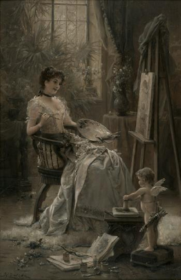 Kunstgenossen (Junge Kunstlerin vor der Staffelei und Amor) by Hans Zatzka