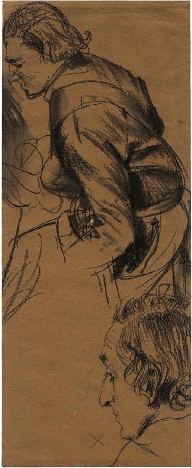 Studienblatt mit jungem preussischen Grenadier nach links und dem Profilkopf eines Herrn by Adolph Menzel