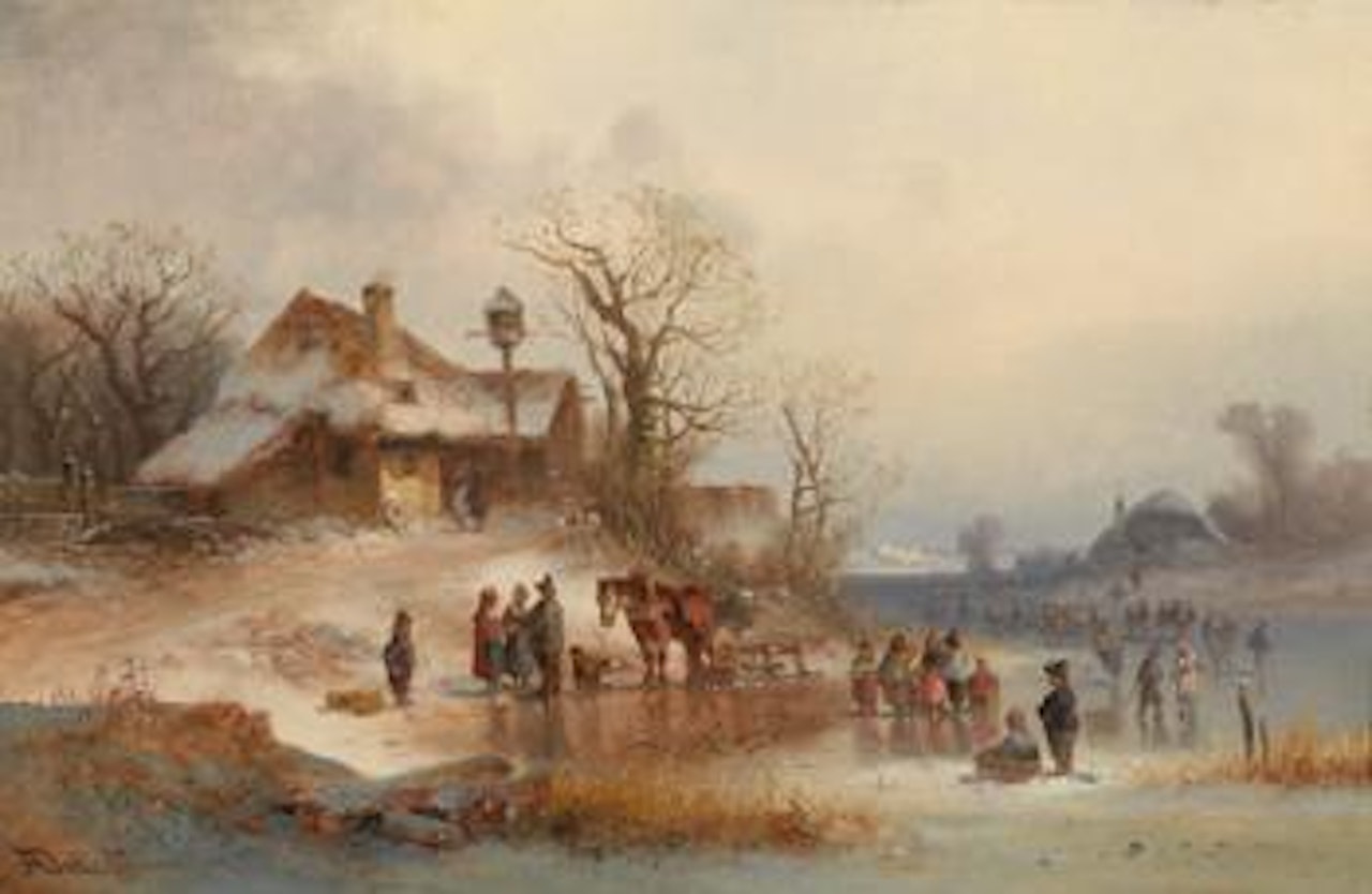 Winter landscape richly decorated with figures by Anton Doll