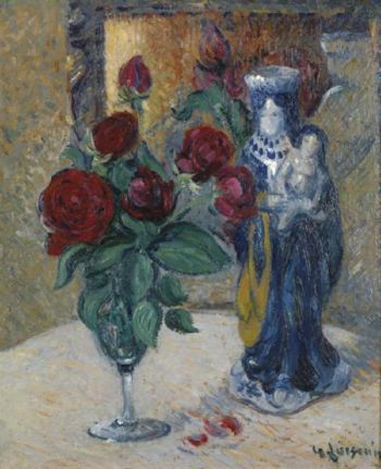 Statuette et roses dans un verre by Gustave Loiseau
