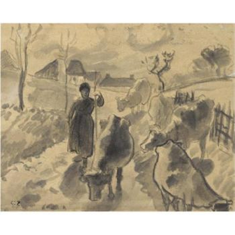 Girl Leading A Herd Of Cows Along A Road by Camille Pissarro