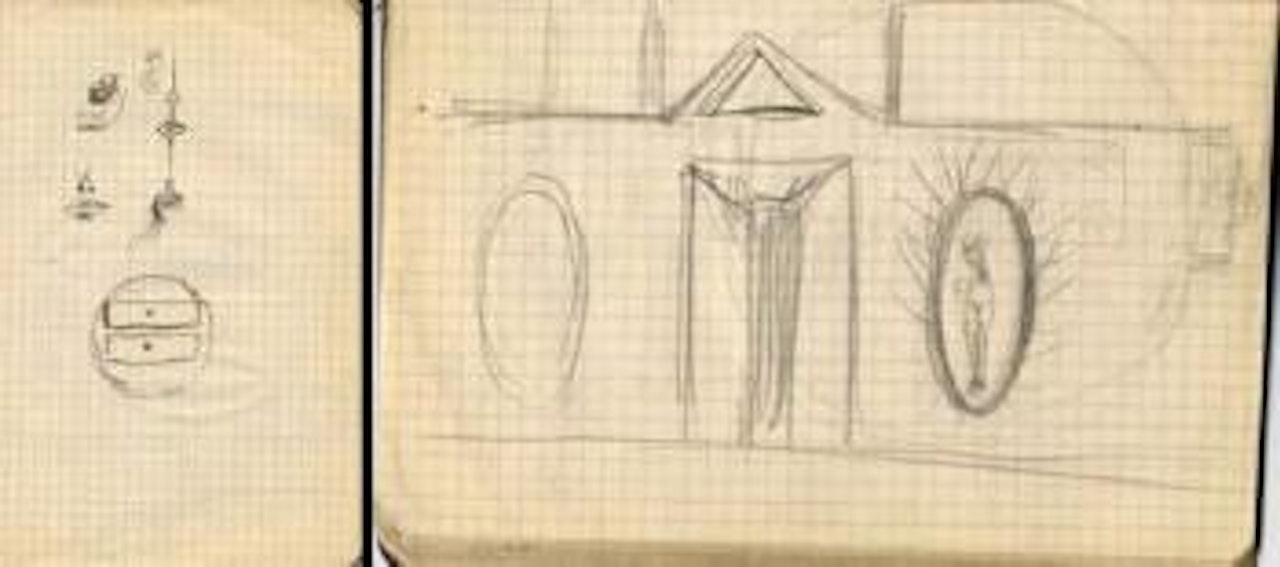 Etude de Décor pour le Ballet 'Tristan Fou'. Croquis d'Objets, Femme a Bequilles et 'Entropomorphism'?. Femme a Bequilles aux Bras Tendus et Oursin Solaire. Dessin de Mode avec Bequilles et … by Salvador Dali