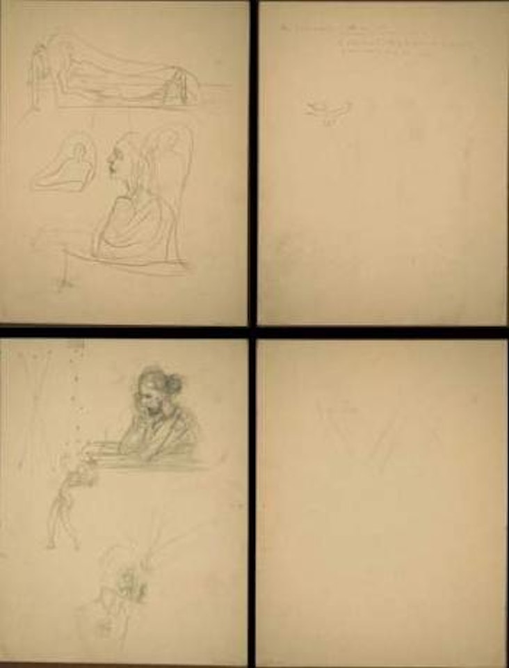Etude pour 'Couples aux Tetes Pleines de Nuages'. Croquis de Penis Ailes. Etude de Lampadaire et Personnages by Salvador Dali