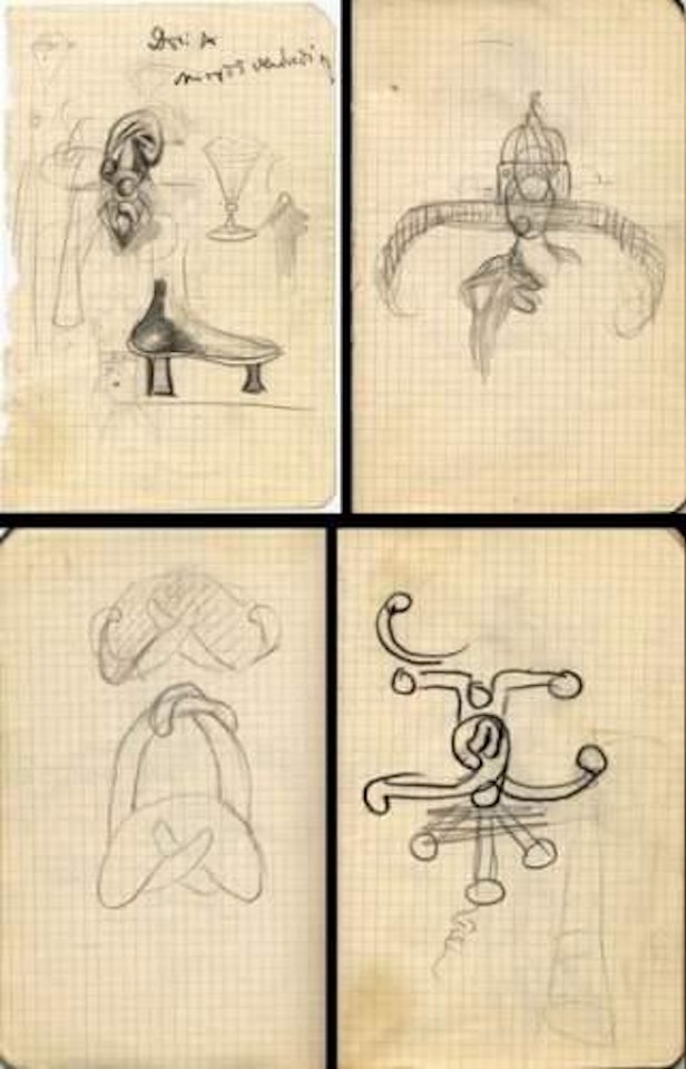 Croquis de Verreries - Levres, Figure Grotesque et Chaussure de Femme?. Croquis de la Place Saint-Pierre de Rome et Nouvelle Silhouette du Sex-Appeal, Poignee de Porte?. Croquis de Mobilier by Salvador Dali