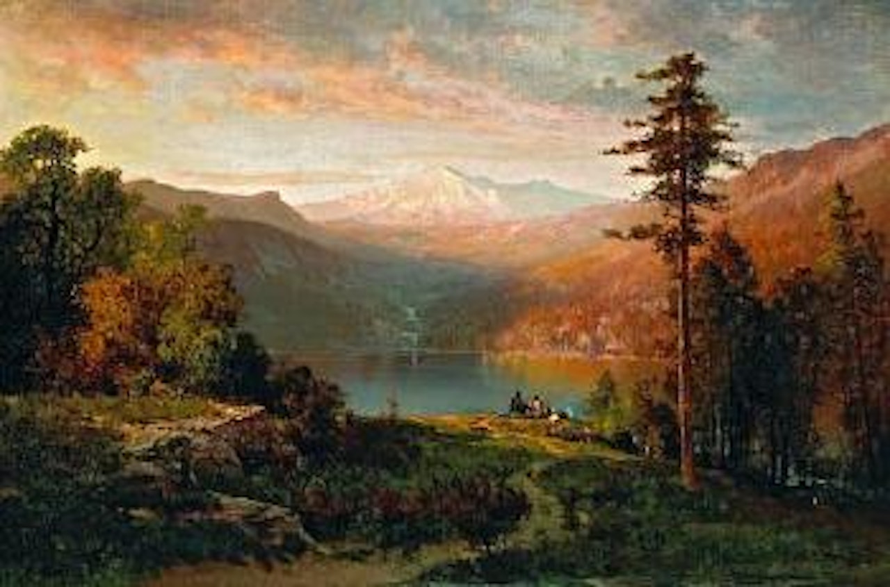 Indian by a lake in a majestic California landscape by Thomas Hill