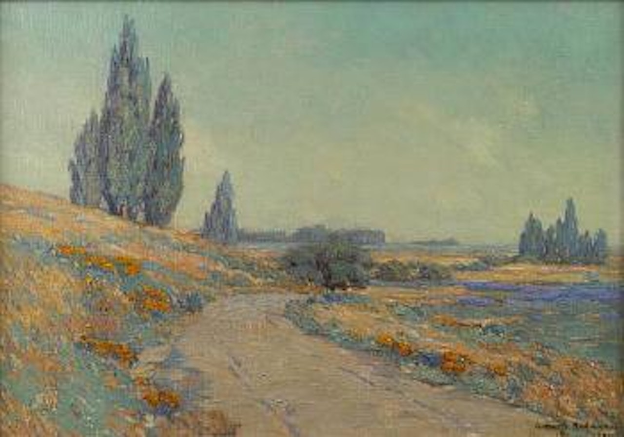 Road through a field of wildflowers by Granville Redmond