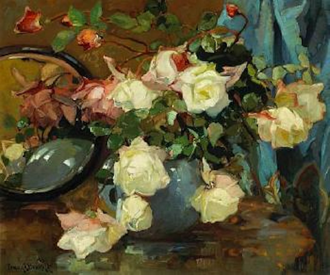 Roses in a blue vase on a table with a mirror by Franz A Bischoff