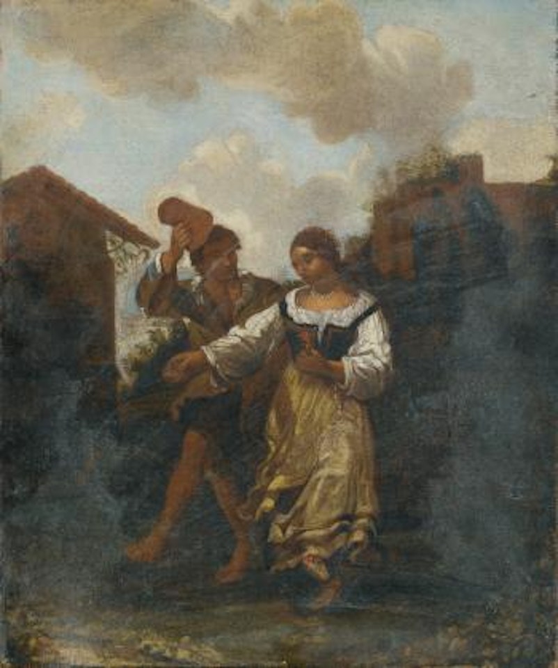 Figures dancing before a country inn by Theodor Helmbreker
