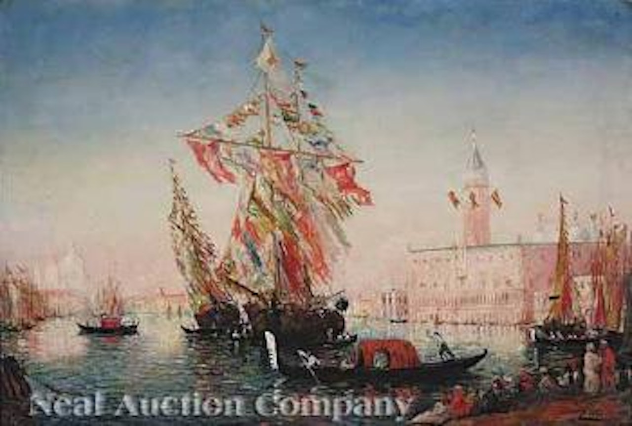 A richly embellished ship at the entrance to the Grand Canal, Venice by Félix Ziem