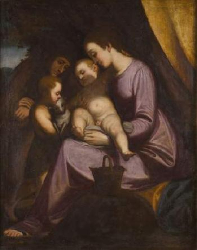 Vierge a l'Enfant entouree de sainte Elisabeth et de saint Jean-Baptiste, avec un panier de cerises by Luca Cambiaso