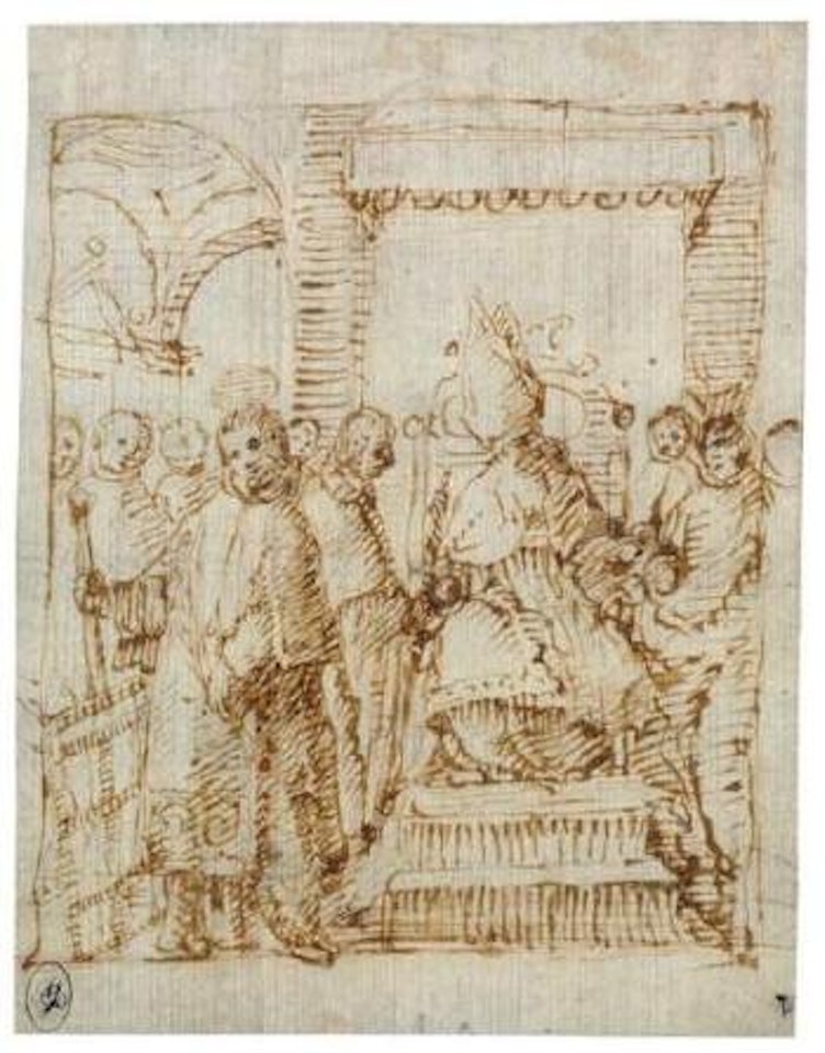 Figure episcopale sur un trone avec plusieurs personnages dont saint Laurent (recto). Croquis sommaire d'architecture (verso) by Giulio Campi