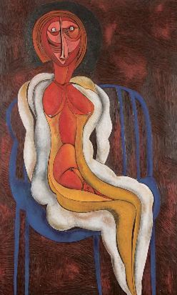 Seated figure on a blue chair by Cecil Skotnes