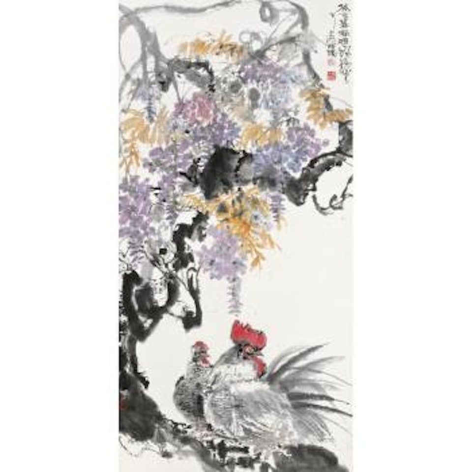 Rooster And Hen Under Wisteria by Cheng Shifa