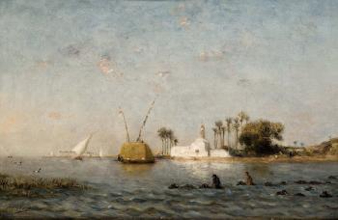Scene animee au bord du Nil by Narcisse Berchere