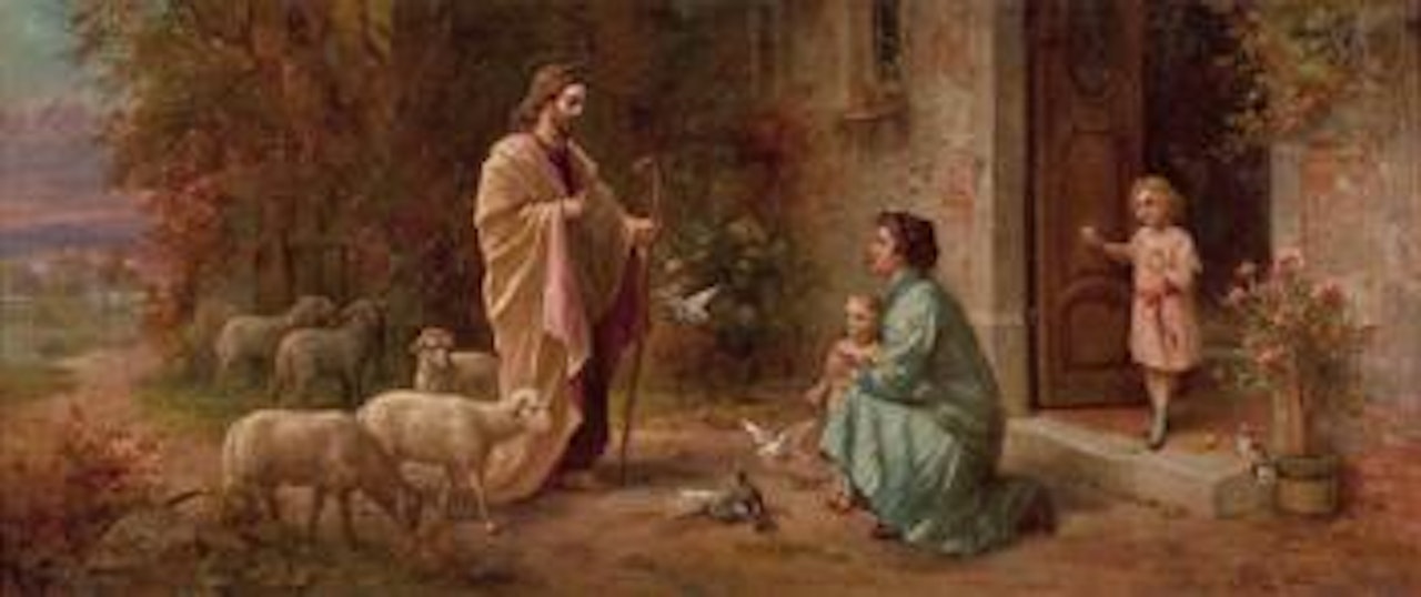 Jesus als guter Hirte vor Mutter mit Kindern by Hans Zatzka