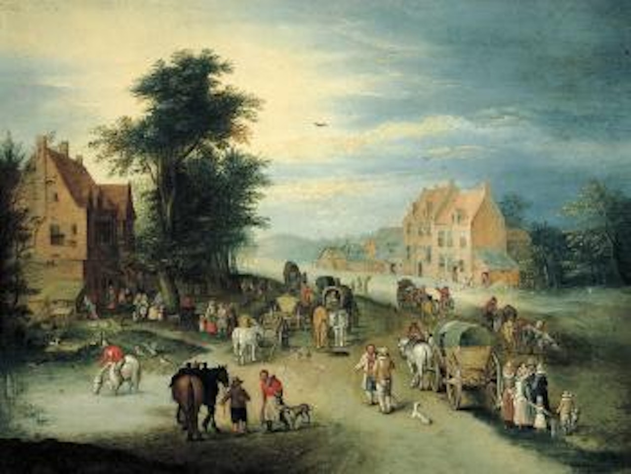 Strada di paese con figure e carri by Flemish School