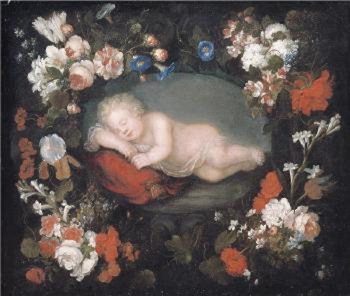Gesù Bambino dormiente in corona di fiori by Flemish School