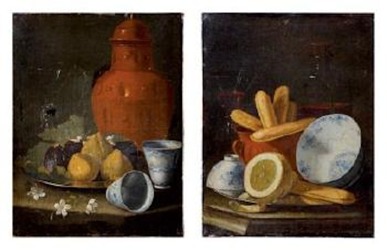Figues, fleurs et porcelaine de Chine à décor bleu et blanc d'époque Ming. Citrons, boudoirs et porcelaine de Chine à décor bleu et blanc d'époque Ming by Cristoforo Munari