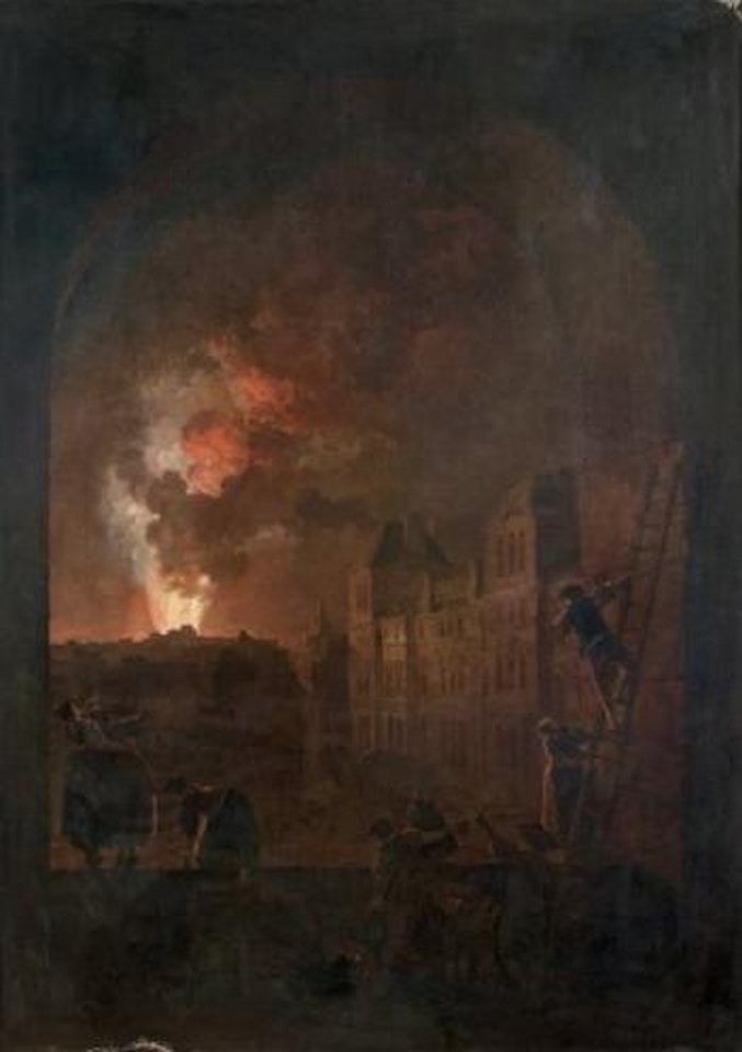 L'incendie de l'Opéra vue d'une croisée de l'Académie de peinture, place du Louvre by Hubert Robert