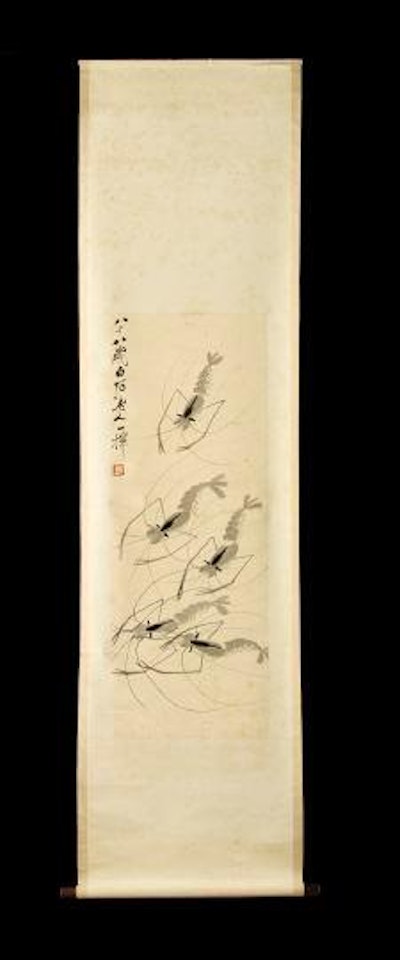 Five shrimp placed in a vertical scene by Qi Baishi