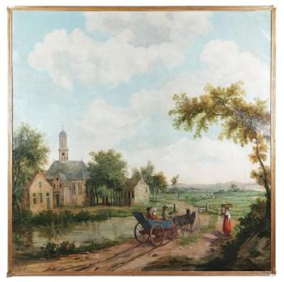 Paysage a la charrette et a la porteuse de pains, pres d'une eglise; au loin des troupeaux et un moulin by Dutch School