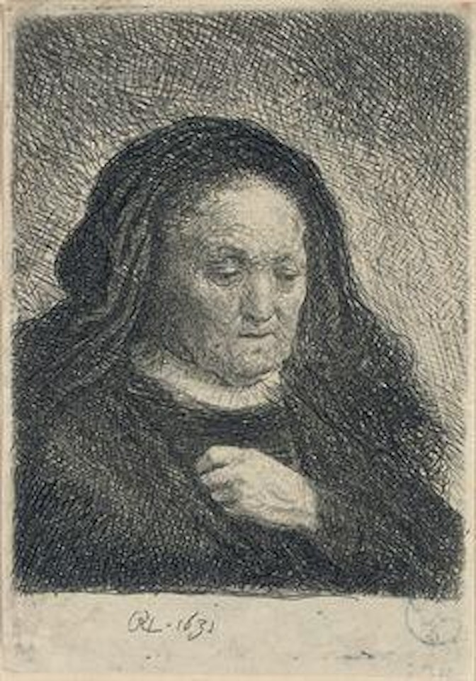 The Artist's Mother with her Hand on her Chest: Small Bust (B., Holl. 349; H. 50) by Attributed to Rembrandt Harmensz van Rijn