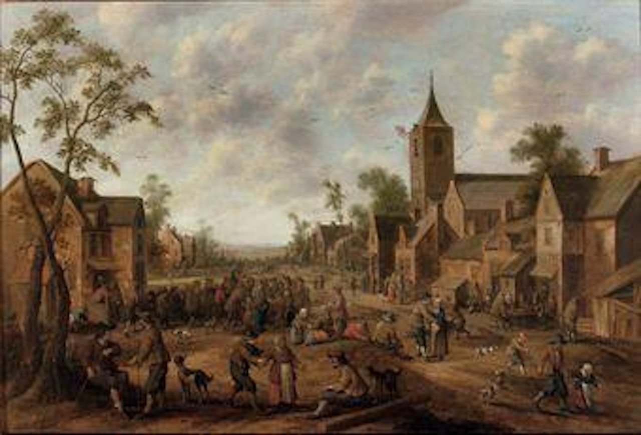 A crowded street scene in a town by Joost Cornelisz Droochsloot