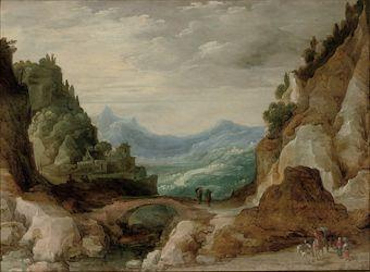 An extensive rocky landscape with travellers by a bridge by Joos de Momper the Younger