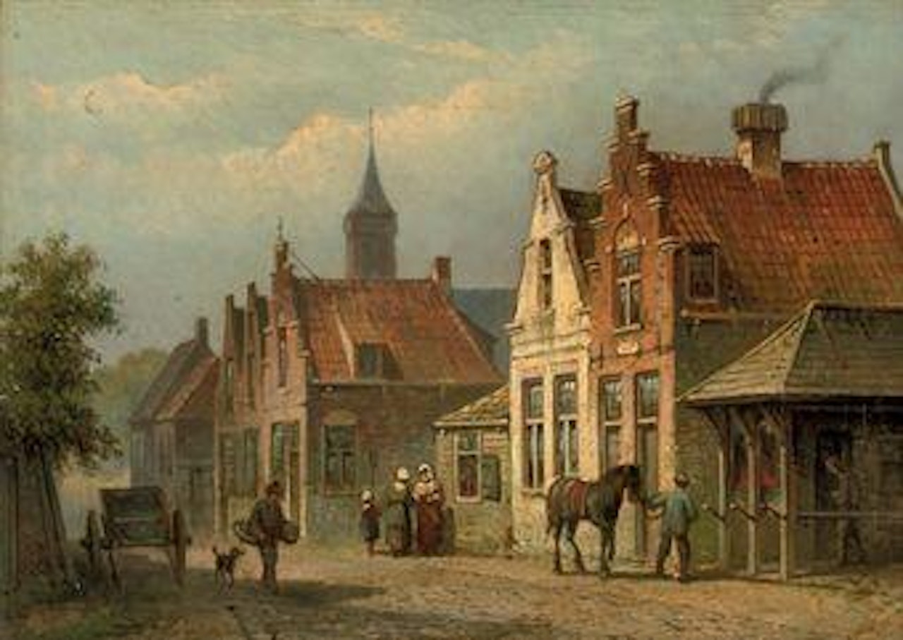 Daily activities in a sunlit street by Eduard Alexander Hilverdink