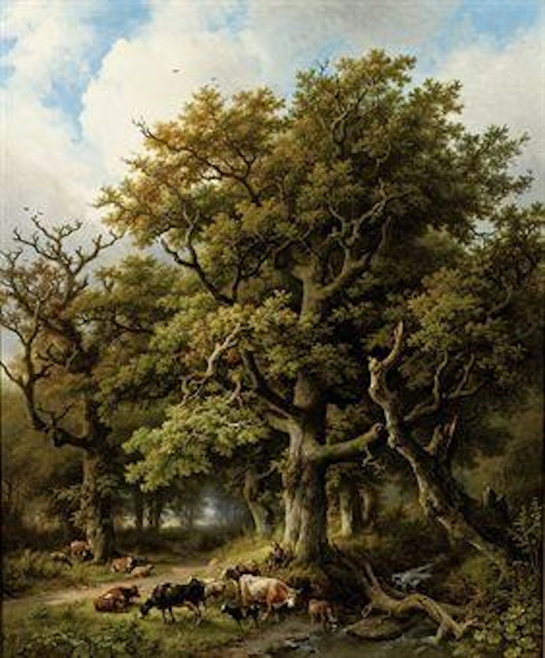 A wooded landscape with a herdsman and his cattle resting under an oak tree by Barend Cornelis Koekkoek