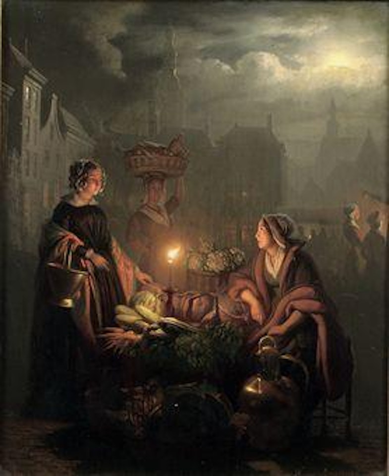 A busy night market with a vegetable stall by Petrus van Schendel