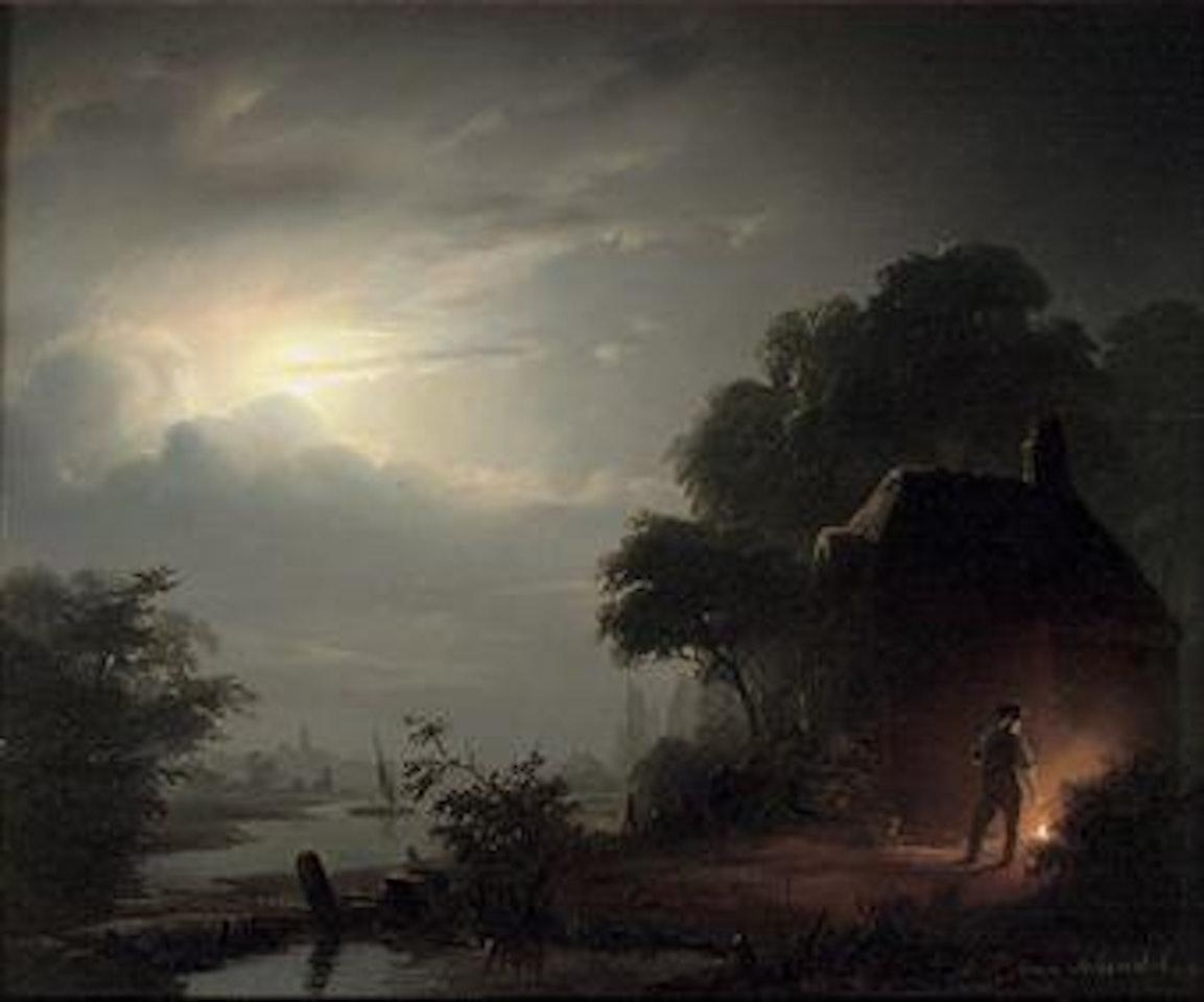 A moonlit landscape, with a figure by a farmhouse by Petrus van Schendel
