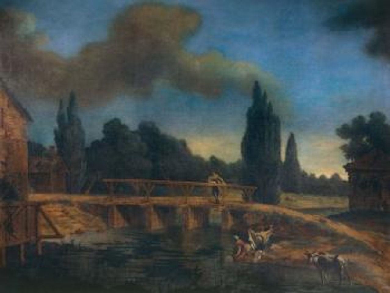 Paesaggio fluviale con lavandaie a un ponte by BOLOGNESE SCHOOL