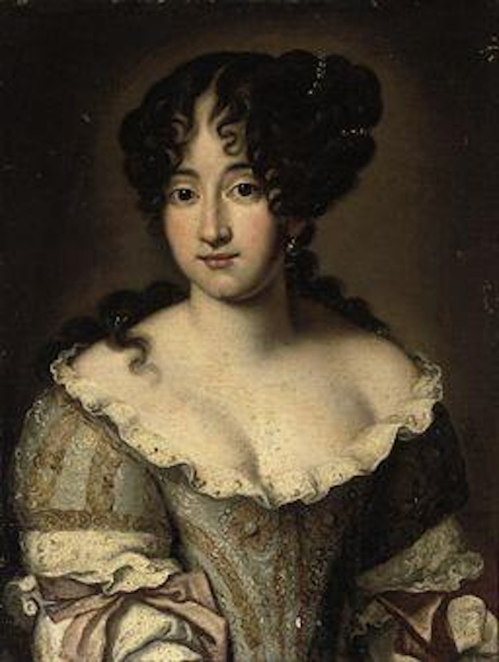 Portrait of a lady, half-length, in an embroidered pale blue and white dress with lace trimming by Jacob Ferdinand Voet