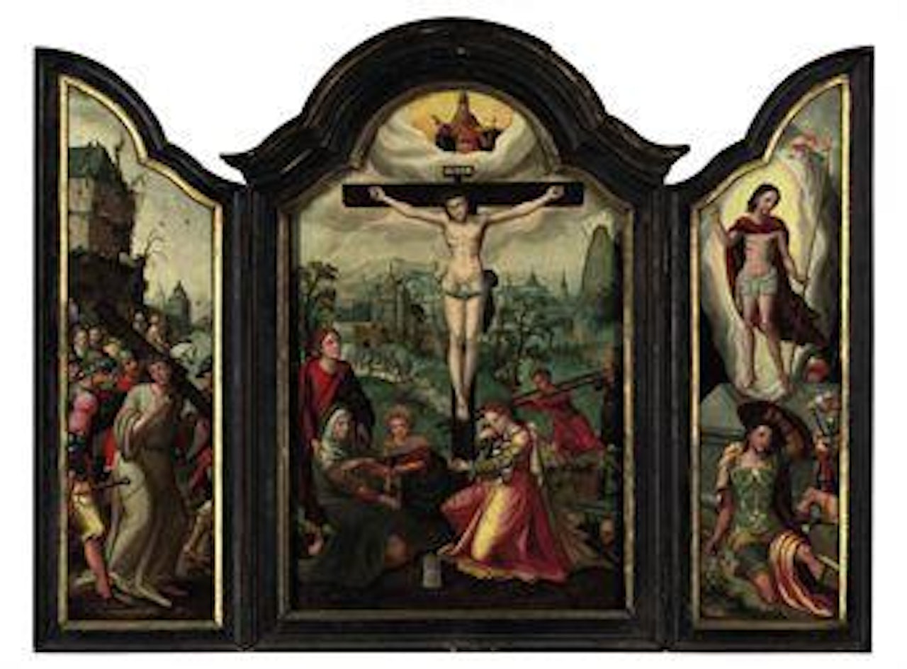 A triptych: the central panel: The Crucifixion with the Holy Virgin, Saint John the Evangelist and Saint Mary Magdalene; left wing: Christ carrying the Cross; right wing: The Resurrection by Attributed to Pieter Coecke van Aelst I