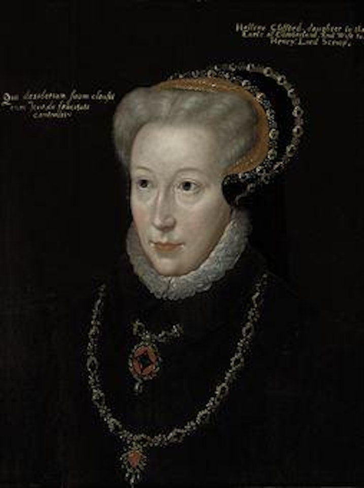 Portrait of a lady, thought to be Catherine Clifford, Lady Scrope (1513-1598), bust-length, in black with a bejewelled headdress and necklace by English School