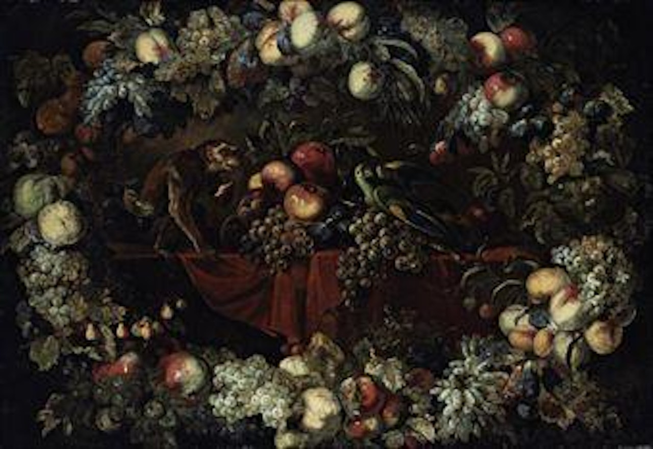 Grapes, figs and apples on a partly-draped table with a parrot and a monkey, surrounded by a garland of pomegranates, grapes, cherries, strawberries, and other fruit by Frans Snyders