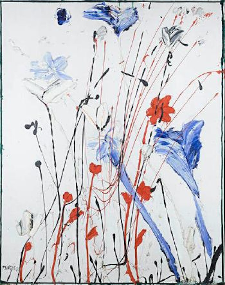 Still life with red and blue flowers by Thanos Tsingos