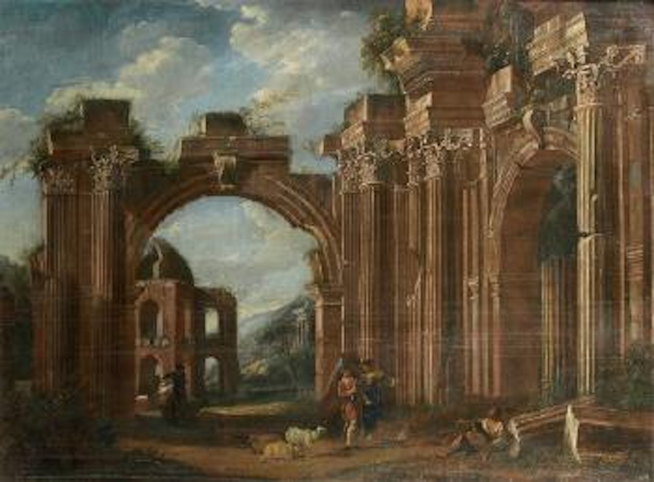 Caprice architectural aux bergers by Giovanni Ghisolfi