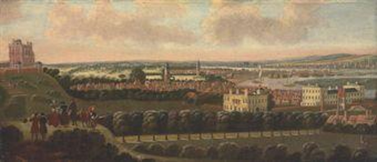 View of Greenwich Park, looking West from One Tree Hill, with the Royal Observatory, the Queen's House and Greenwich Hospital, the City of London beyond by English School
