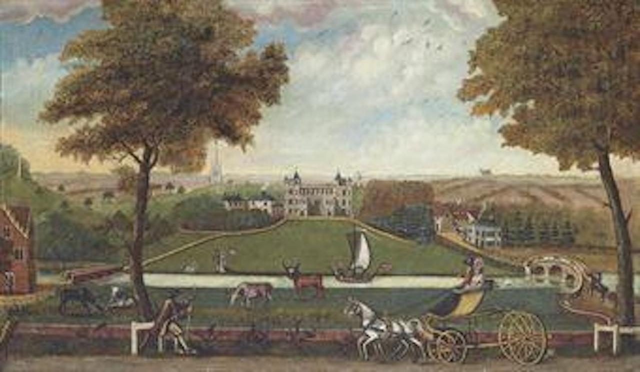 View of Audley End, Essex, from the West, with a sailing boat on the River Cam and a horse-drawn cart in the foreground by English School