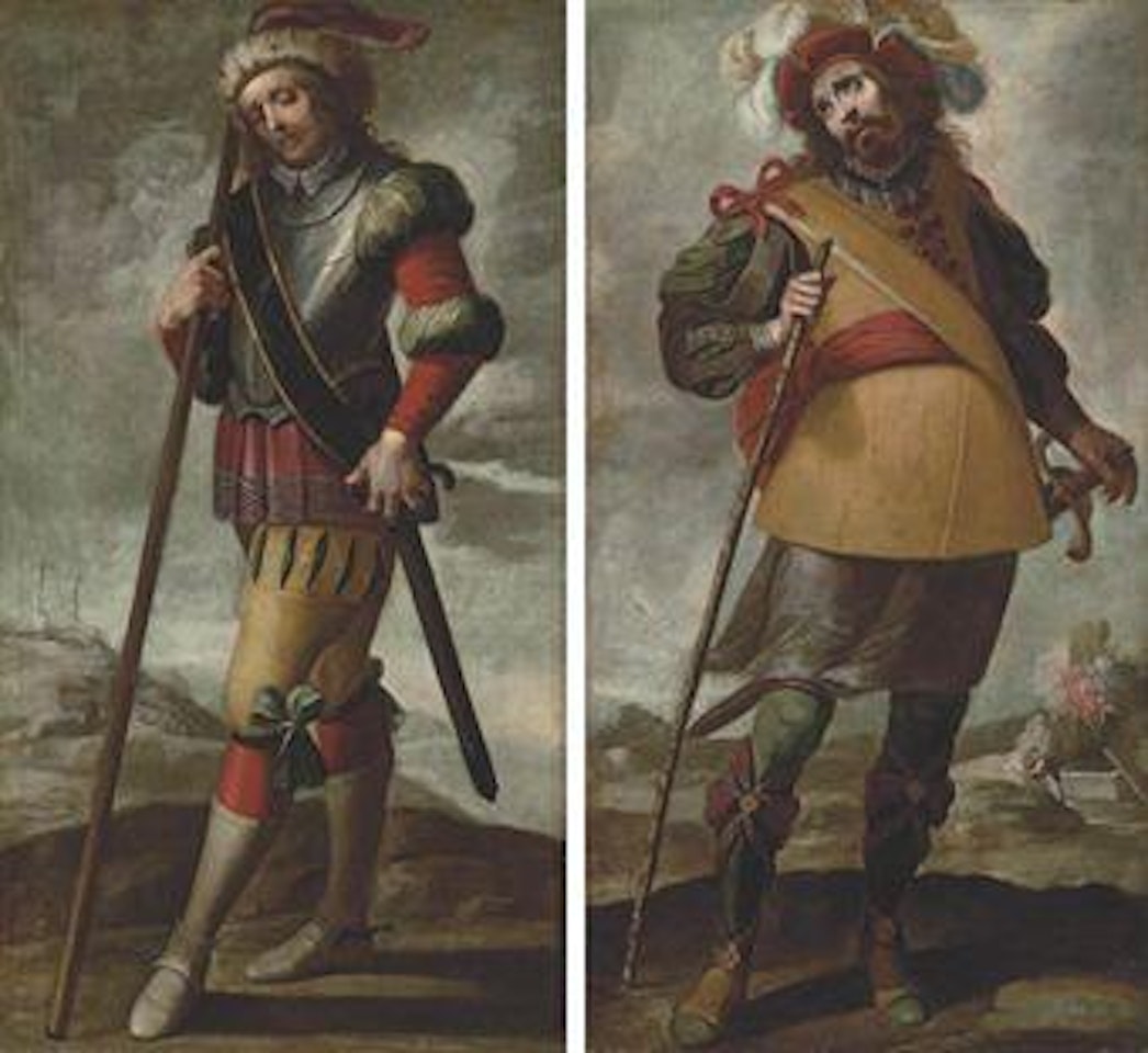 Saint Longinus, Calvary beyond; and The Centurion of the Guard at the Resurrection, the Resurrection beyond by Francisco de Zurbaran
