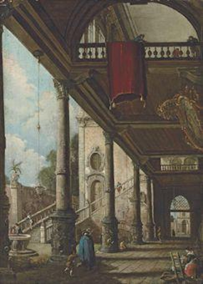 A Venetian capriccio with a portico by Canaletto