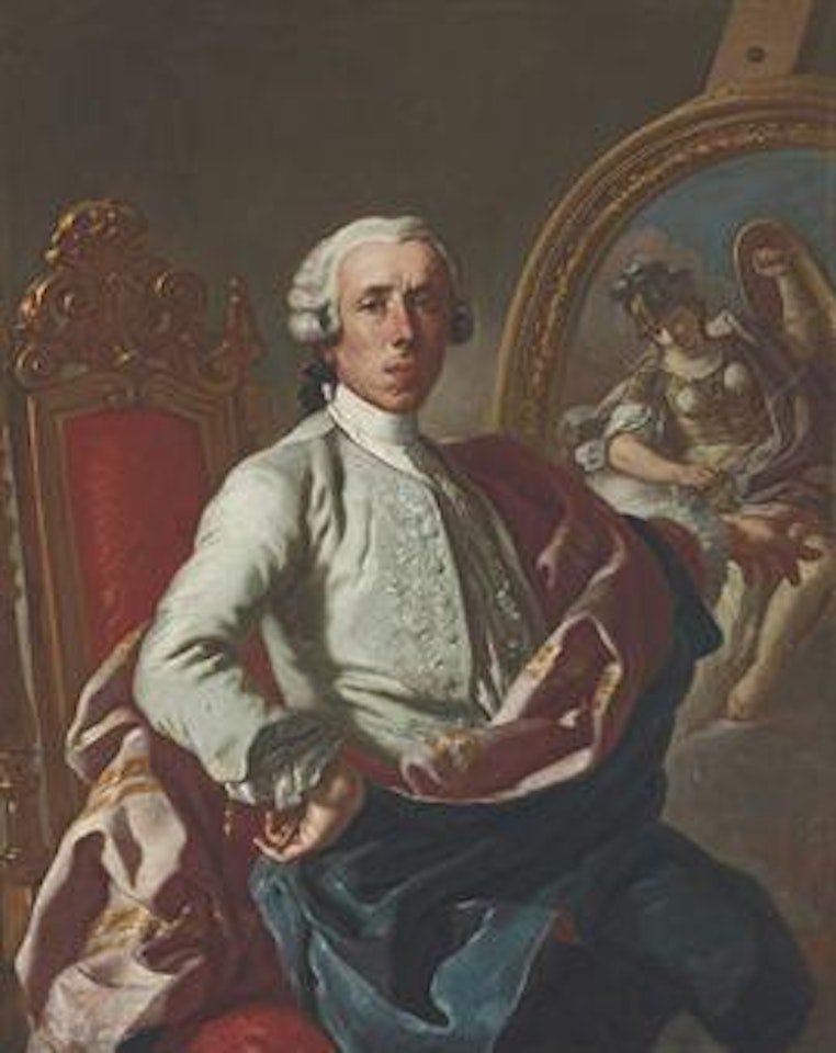 Portrait of the artist, three-quarter-length, seated, holding a pencil, at an easel with a picture of Minerva by Francesco de Mura